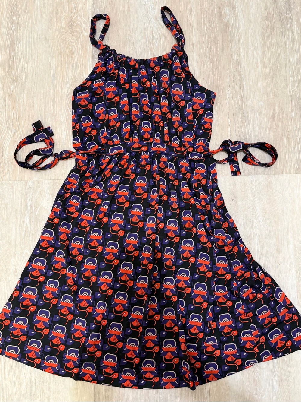 French Connection Y2K Dress Women’s 6 Navy Orange Geometric Print Tie Waist